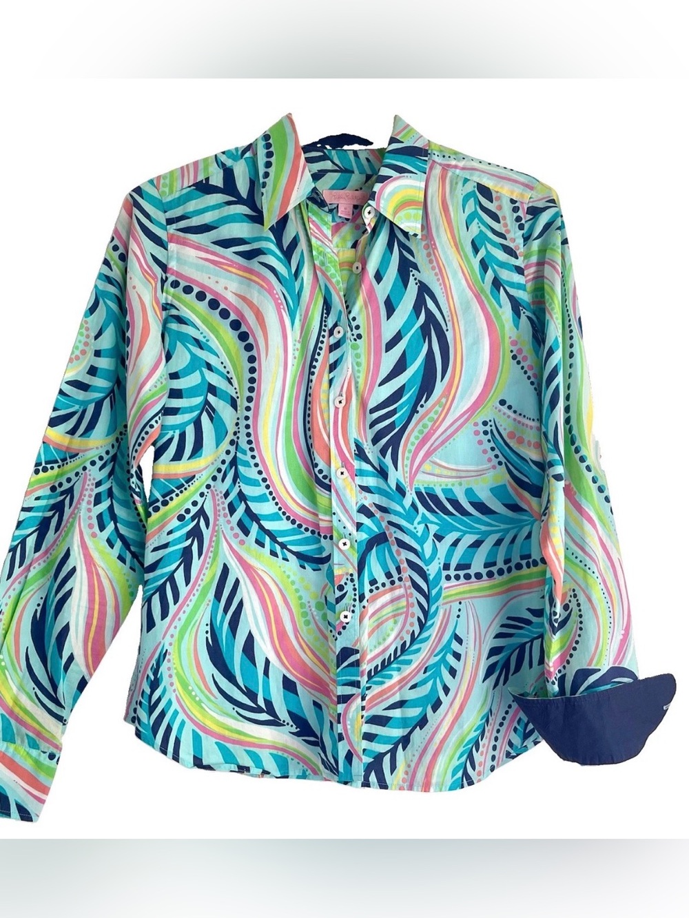 Lilly Pulitzer Sea Me Jonni Button Down Top Cotton Blouse Navy Cuffs Sz 10 M-L